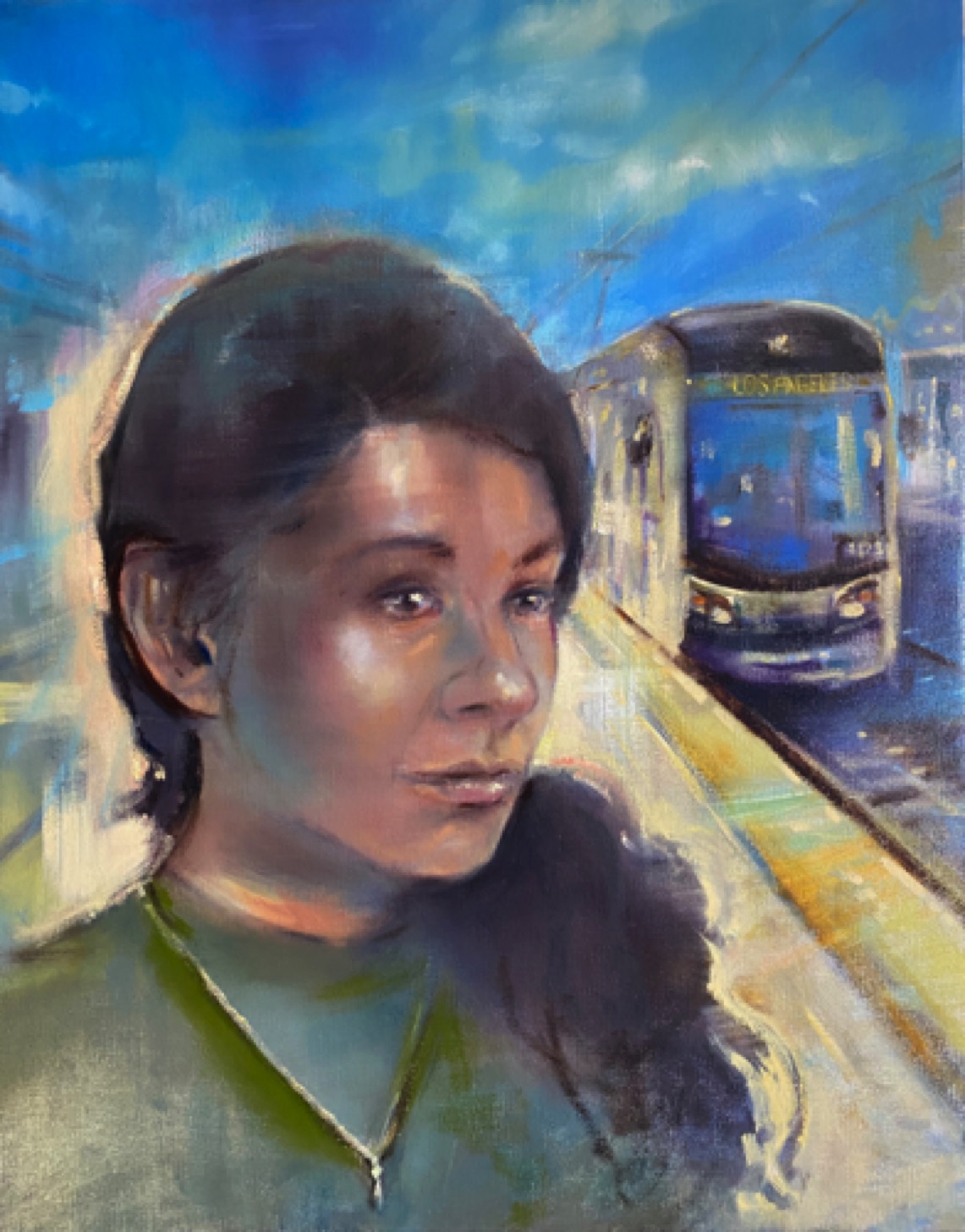 Gregg Chadwick,
Frida Cano (E Line)
 37" x 24" oil on linen 2021
On exhibit in 𝙒𝙚 𝘼𝙧𝙚… 𝙋𝙤𝙧𝙩𝙧𝙖𝙞𝙩𝙨 𝙤𝙛 𝙈𝙚𝙩𝙧𝙤 𝙍𝙞𝙙𝙚𝙧𝙨 𝙗𝙮 𝙇𝙤𝙘𝙖𝙡 𝘼𝙧𝙩𝙞𝙨𝙩𝙨. Union Station, Los Angeles, California